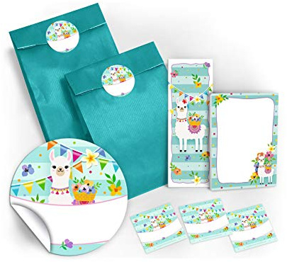 JuNa-Experten 12 Lesezeichen + 12 Mini-Notizblöcke + 12 Geschenktüten/blau + 12 Aufkleber Lama Mitgebsel Gastgeschenk beim Kindergeburtstag Mädchen