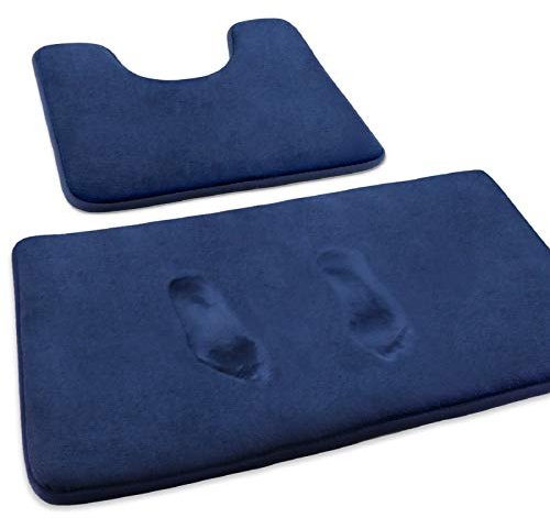 MEKO Memory Foam Badematte, 2 Set Anti Rutsch Badezimmerteppich und saugfähiger U-förmiger Konturteppich Fußmatte für Badezimmer Dusch, maschinenwaschbar und super weich (Dunkelblau)