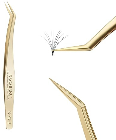 NAGARAKU Pinzas para extensiones de pestañas Dorado, curvado, en ángulo, punta larga, grupo de volumen, súper ligero, pinzas de precisión de acero inoxidable (N-03-2)