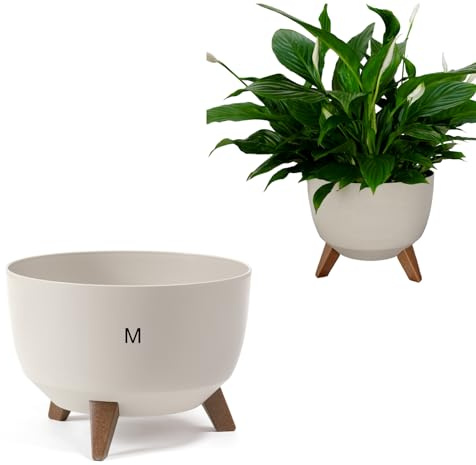 MELTOM Blumentopf mit Füßen Ø 29 cm Baumwolle Übertopf mit Drainageboden | Kunststoff matt, Füße in Holzoptik, Höhe 23 cm, Standfläche Ø 16 cm, fester Zwischenboden, Gummistopfen zum Ablassen