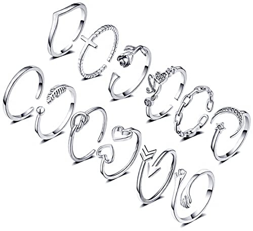 KOHOTA 12PCS Adjustable Knuckle Rings for Women 14K Gold Plated Silver Simple Stacking Rings Pack Open Knot Star Moon Butterfly Dainty Thumb Ring Set for Women