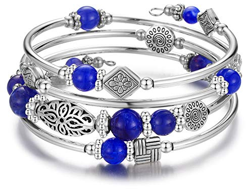 Bulinlin Damen Wickelarmband aus Natur Achat Stein Mehrschichtiges Perlen Silber Armkette Valentinstag Modeschmuck Geschenk