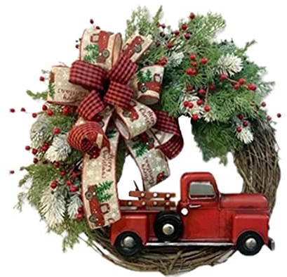 TiSkying Roter LKW Weihnachtskranz, Herbstliche Weihnachtsgirlande mit Eukalyptus Roter LKW Kranz Bauernhof Ernte Ernte Thanksgiving Haus Wand Dekoration