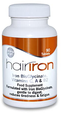 HAIRIRON - High Strength Iron Supplements - Gentle Iron BisGlycinate 30mg with Vitamins C, A & B2 Tablets, Vegan Supplements for Men & Women's Health - 90 Tablets.