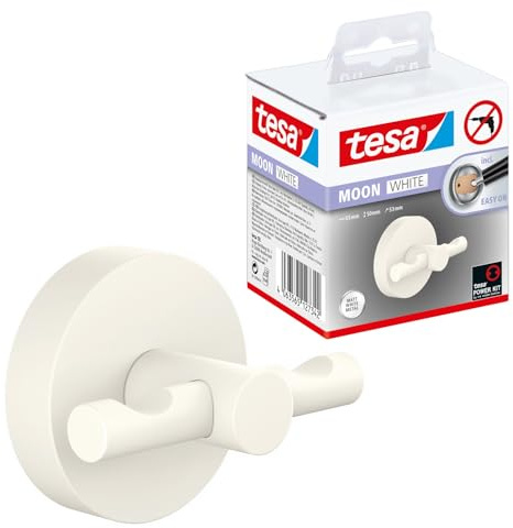 tesa MOON WHITE Bademantelhaken - 65 mm x 50 mm x 53 mm | 2er-Bad-Haken zur Wandbefestigung ohne Bohren - Matt weiß, aus pulverbeschichtetem Metall - inkl. Klebelösung
