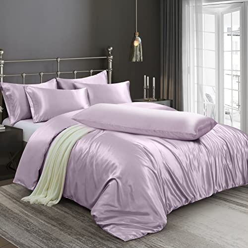 Ersmak 6 Pieces Satin Duvet Cover Full/Queen Size Luxury Silky Bedding Duvet Cover Set with 1 Soft Duvet Cover, 4 Queen Pillowcases and 1 Body Pillowcase, Lavender