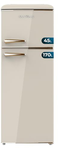Cecotec Réfrigérateur 2 Portes Rétro de 215 L Bolero CoolMarket 2D Origin 215 Beige E. Hauteur 148,2 cm et 55,2 cm de large, LED, Poignée Gold, Étagères en Verre, Contrôle de la Température, Beige