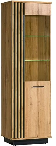 MINIO go for it - hohe Vitrine Lamia, mit LED-Beleuchtung, 60 cm Breit, Vitrine Glass, Regal mit Türen und Glaseinsätzen, Highboard mit Latten, Wohnzimmer Esszimmer, Farbe Wotan Eiche/Schwarz Matt