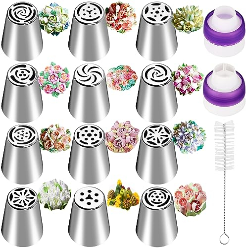 12PCS Large Russian Piping Nozzles Set Flowers Frosting Nozzles, Stainless Steel Russian Icing Nozzle Kit, Cupcake Frosting Tips with Couplers for DIY Baking, Cake Decorating