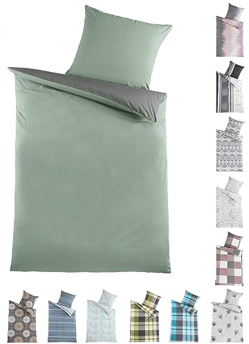 BaSaTex Bettwäsche 135x200 Baumwolle Set 2 teilig - 100% Baumwolle - 1x Deckenbezug 135 x 200 cm + 1x Kissenbezug 80x80 cm - Reißverschluss - Grau/Salbei