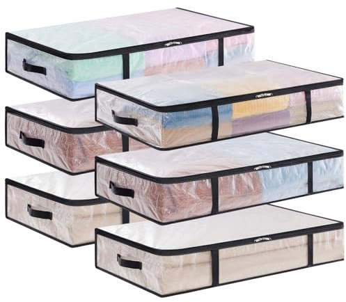 Lifewit Set om 6 Transparent förvaringsväska 60L, hopfällbar underbäddsförvaringslåda med handtag, PP klädpåse, påslakan för flyttning, kläder, filtar, leksaker