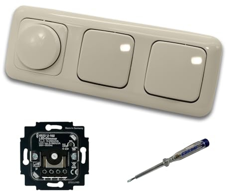Busch Jäger 6523U-102 LED Drehdimmer Dimmer + Dimmerscheibe 2115-212 und 2 x Lichtschalter 2000/6 US in DURO2000 cremeweiß glänzend inklusive EBROM Phasenprüfer zur Montage der Geräte 6523 U – 102