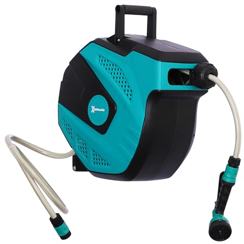 DURHAND Enrouleur automatique pivotant 180° fixation mural avec tuyau 15 + 1,5 m avec Buse de Pulvérisation support mural intégré noir et vert