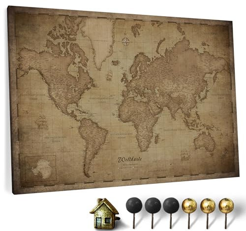 Hochwertige Canvas Weltkarte mit Kork-Pinnwand - Deutsche Beschriftung - Dekorative Wanddeko für alle Zimmer - Leinwandbilder mit Weltkarte Motiv (70x50 cm, Muster 11 Deutsch)