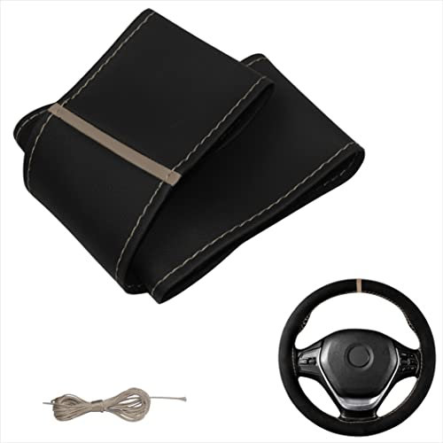 Lenkradbezug Pu Leder, Auto Lenkradhülle zum schnüren Nähen Gestreift Sport Design M4 Schwarz Beige Universalgrösse 37-38 cm