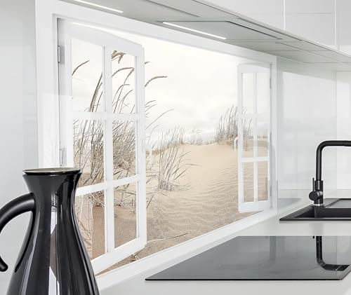 timalo Herd Spritzschutz Wand Spüle, Küche Küchenrückwand Glasoptik | Acryl Glas 2mm | Glasrückwand Acrylglas Fensterblick Fenster Rückwandschutz Platte | 120x80cm Nordsee Strand Dünen Schilf
