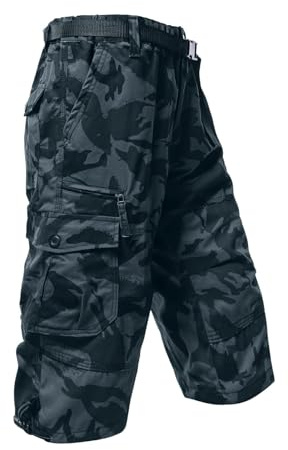 Mens Cargo Shorts | Casual Solid Color 3/4 Length Baggy Combat Trousers | Elasticated Waist with Multi Pockets Camouflage