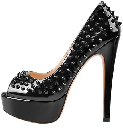 blingqueen Peeptoe Pumps Damen Plateau Stiletto High Heels Runde Zehen Elegante Damenschuhe Lack Schwarz mit Nieten 40 EU