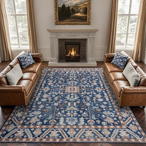 Brevonox 8x10 Area Rugs Washable: Oriental Soft Area Rug for Bedroom Living Room No Shedding - Low Pile Thin Carpet for Dining Room Non Slip - Boho Vintage Home Decor - Navy Blue