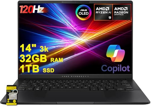 ASUS Vivobook S 14 Laptop 14 2880x1800 OLED 120Hz (600nits HDR) AMD 10-core Ryzen AI 9 365 (Up to 50 Tops) 32GB RAM 1TB SSD for Creator Designer Business Professional Win11 ICP Hub/Copilot+ AI PC