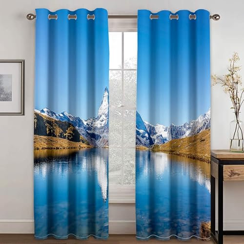 Mesnt Scheibengardinen Blickdicht, 132x244cm Blau Schneeberg und See Naturlandschaft Kälteschutz Verdunklungsvorhänge Ösen Thermal Curtains Blackout Vorhang
