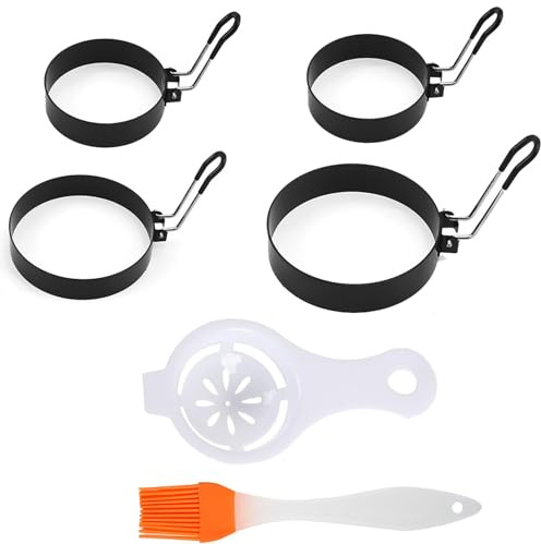 6Pack Fried Egg Ring, Stainless Steel Egg Rings for Frying with Anti-Scald Folding Handle with 4 Egg Fryer, Egg Brush and Egg Filter Suitable for Sandwiches, Breakfast Household Kitchen Cooking Tool