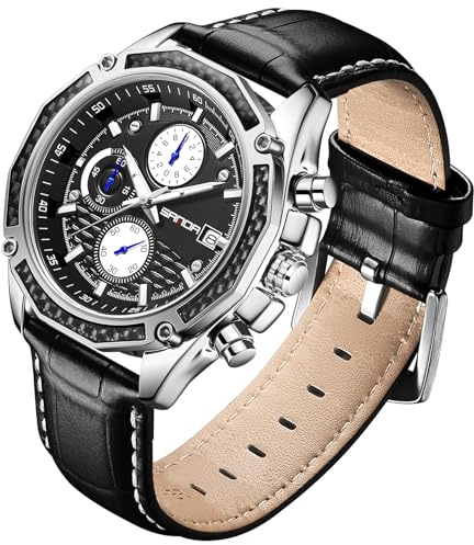 TICKEEN Montres pour Hommes Montre Analogiques Quartz avec Bracelet en Cuir étanche Chronographe Calendrier Montre en Acier Inoxydable,Montre-Bracelet pour ClassiqueDécontracté Entreprises