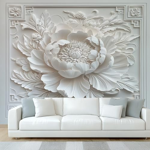 Peony Floral Wallpaper, White Relief 3D Wall Mural, Wallpaper for Bedroom Living Room, Home Decor, Photo Wall Paper, 200 x 140 cm W&Q