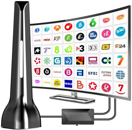 Antena TV Interior,Antena televisión Interior Potente 2025 con Base Magnética, 420 km de Largo Alcance y recepción remota de 360°,Compatible con Canales 4K/1080p/VHF/UHF DVB-T/T2 en Abierto