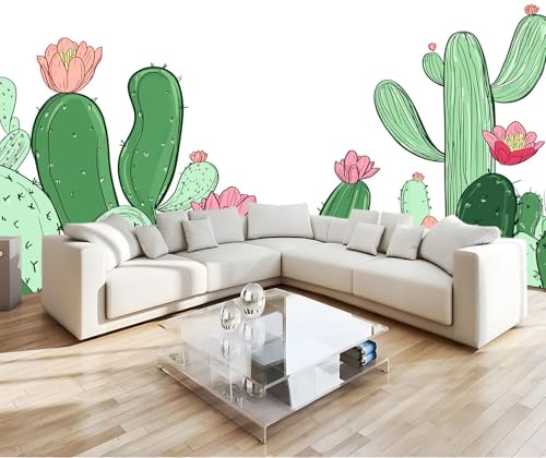 150 x 105 cm Photo Wallpaper Cartoon Cactus Plant Flower Wall Mural Poster, Premium Non-Woven Fleece Photo Wallpaper and Wall Mural Painting Design White, for Bedroom TV Backdrop