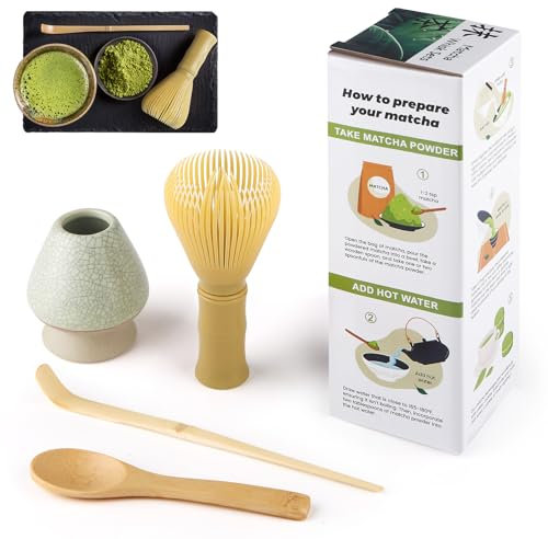 Kit Matcha 4 Piezas, Kit Matcha, Incluye Batidor Matcha de Resina, Cuchara Tradicional, Cuchara para Té, Soporte para Batidor Matcha, el Set Perfecto Para Preparar Una Taza, Verde malla