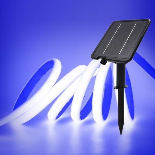 XUNATA Solar Neon LED Strip, Solarbetriebene COB Neon LED Streifen Außen, 8 Modi, IP65 Wasserdicht, 320leds/m Diffusion Flex LED Schlauch Band für Garten, Terrasse, Balkon, Treppe (Blau, 1M)