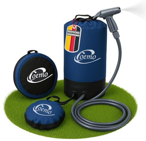 Coemo Tragbare Campingdusche mit Pumpe, 11L Solardusche | PVC-Beutel mit Duschkopf & Schlauch, für Unterwegs Gemacht, Ob beim Camping, am Strand oder im Garten, ganz ohne Strom