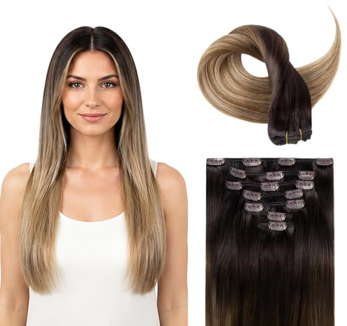 SOBEAUTY Echthaar Clip In Extensions, #T2/6/18 Natürliches Echthaar 35cm | 120g 7Pcs Chestnut Braun und Dirty Blonde Highlights Echthaare für Damen