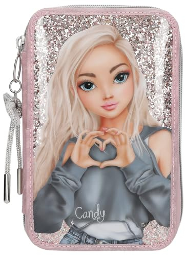 Depesche 13293 TOPModel My BFF - Gefüllte 2-Fach Federtasche in Rosa, mit Model Motiv und Glitzer, Federmappe mit Buntstiften, Lineal, Klebestift uvm.