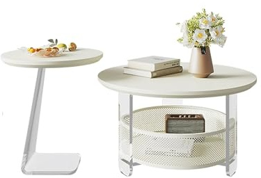 ZKBDBWTR Klarer Couchtisch, Satztisch 2er-Set, C-förmiger Acryl-Beistelltisch, für das Home Office, freie Kombination, hohler Aufbewahrungskorb(80cm/31.4in)