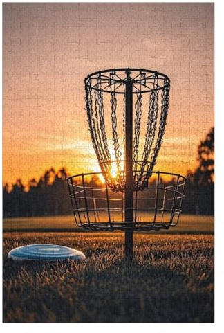 Letters On Back Disc Golf Basket Against Sunset Wooden Jigsaw Puzzle 500 Pieces – Disc Golf Challenge Puzzle for Adults with Colorful Sky