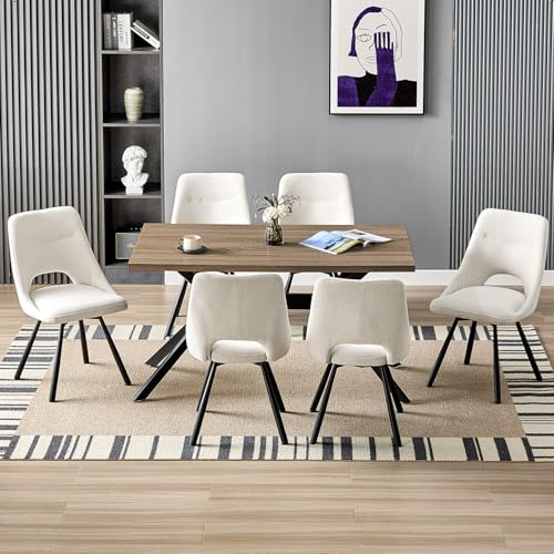 LEWE Essgruppen Rechteckig Esstisch aus Holz mit 6 Drehbare Stühlen, Beige | 140 x 80cm Esstisch mit Gepolsterte Esszimmerstühle, Drehbar 360°,Breitere Sitzfläche, für Küche Esszimmer und Wohnzimmer