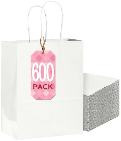 Gcardist 600 stycken vita presentpåsar med handtag bulk 20 x 15 cm liten storlek kraftpapperspåsar flera användningsområden (21 x 15 x 8 cm, liten storlek)