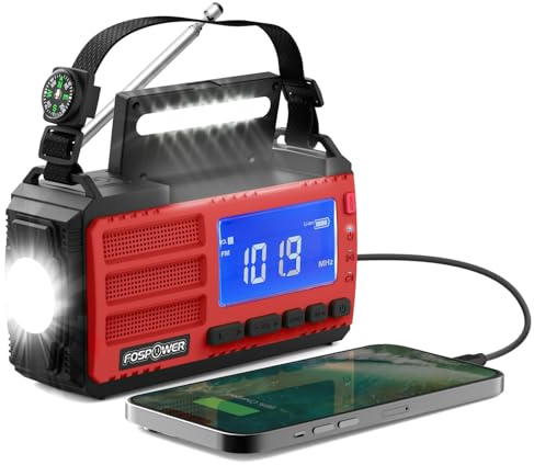 Notfallradio mit LCD-Display und 37000mWh Tragbare Powerbank, Rot | Kurbelradio mit NOAA, AM, FM, Solar Handkurbel Ladung, 3.5mm Klinke, SOS Alarm, und Taschenlampe für Blackout Camping