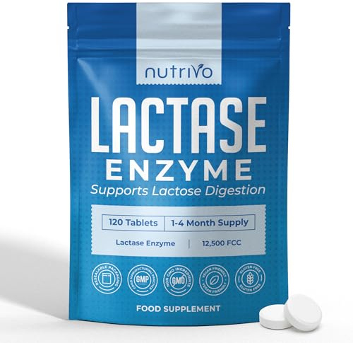 Nutrivo Lactase Tablets | High Strength Lactose Intolerance Tablets 12,500 FCC | 1-4 Month Supply | Lactase Enzyme | Support Dairy and Lactose Digestion