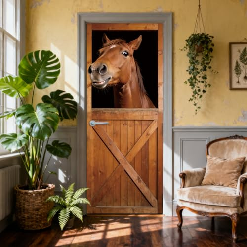 TNKBREEZE Horse Door Decal 2pcs 3D Peeking Animals Self-Adhesive Door Stickers Funny Peel and Stick PVC Wall Stickers Removable PVC Waterproof Home Decor for Bedroom Living Room Wardrobe 78.7x15.7Inch