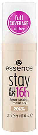 essence stay ALL DAY 16h long-lasting make-up, Make-up, Nr. 20, Nude, langanhaltend, für trockene Haut, für unreine Haut, vegan, ölfrei, ohne Alkohol, ohne Konservierungsstoffe, 1er Pack (30ml)