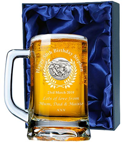Mens 50th Birthday Gift, Engraved 50th Birthday Pint Glass Tankard with Solid Pewter Horse Racing Feature, In a Satin Lined Presentation Box, Men's Birthday Gifts