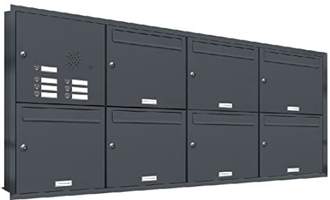 AL Briefkastensysteme, 7er Unterputzbriefkasten mit Klingel in Anthrazit Grau RAL 7016, 7 Fach wetterfeste Briefkastenanlage Design modern
