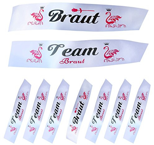 Oblique Unique® Braut + Team Braut Schärpe Set Junggesellinnenabschied JGA Hochzeit in Weiß