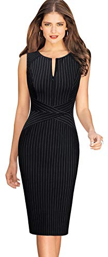VFSHOW Womens Front Zipper Work Business Office Bodycon Dress Elegant Professional Career Church Party Pencil Sheath Dress (Black and White Striped, Medium) 2619 BLK M