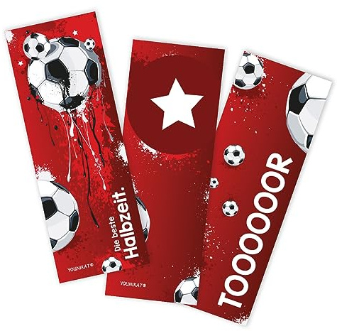younikat 12er Set Lesezeichen Fußball rot 5,2 x 14,8 cm - 3 Motive - dv648 | Einschulung Schulanfang Schultüte, 350 g/m² Offsetpapier, 12 coole Lesezeichen in 3 verschiedenen Motiven