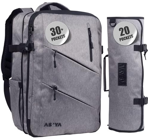 Asaya Zaino per coltelli da chef con 20 tasche arrotolabili, oltre 30 tasche per coltelli, coltelli non inclusi (grigio)