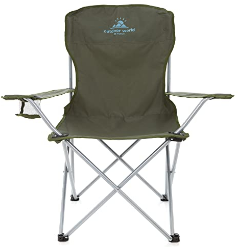 Outdoor World Folding Camping Chairs, Compact Portable Garden Seat, Durable Steel Lightweight Design 2.35kg each with Cup Holder & Carry Bag, Ideal for Beach, Fishing, BBQs, Leisure (Olive)